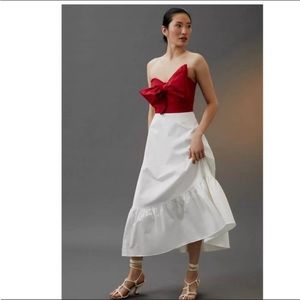 ANTHROPOLOGIE Bow Tie Maxi Dress Flounce Hem Strapless Red White Hutch 12 NWT